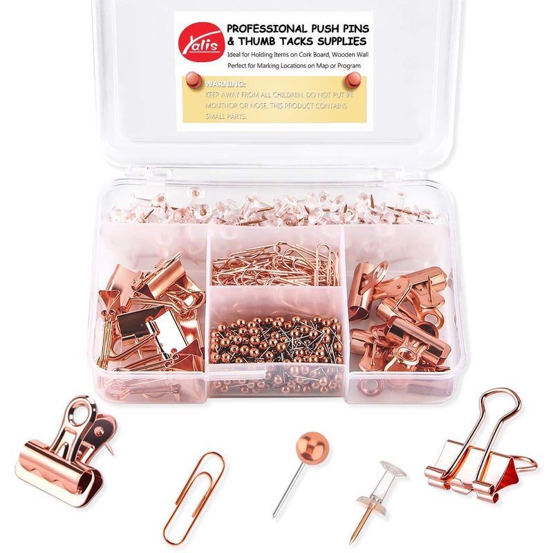 Yalis Push Pins Binder Clips Paper Clips Map Tacks Sets, 5 Styles 396 Pcs Rose Gold Pack for Office, School and Home Supplies (Pin and Clips) - Image 1